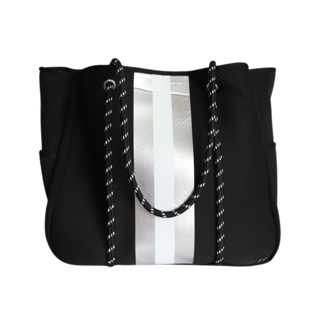 Courtside Large Tote for Tennis, Pickleball and Paddle | Black with Silver and White Stripes
