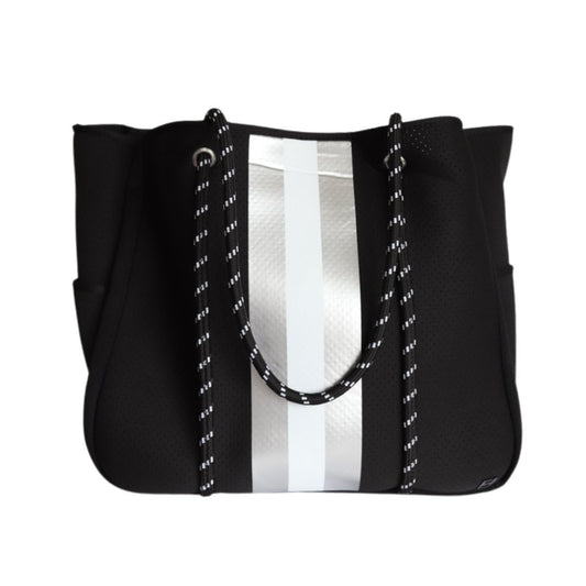 Courtside Large Tote for Tennis, Pickleball and Paddle | Black with Silver and White Stripes