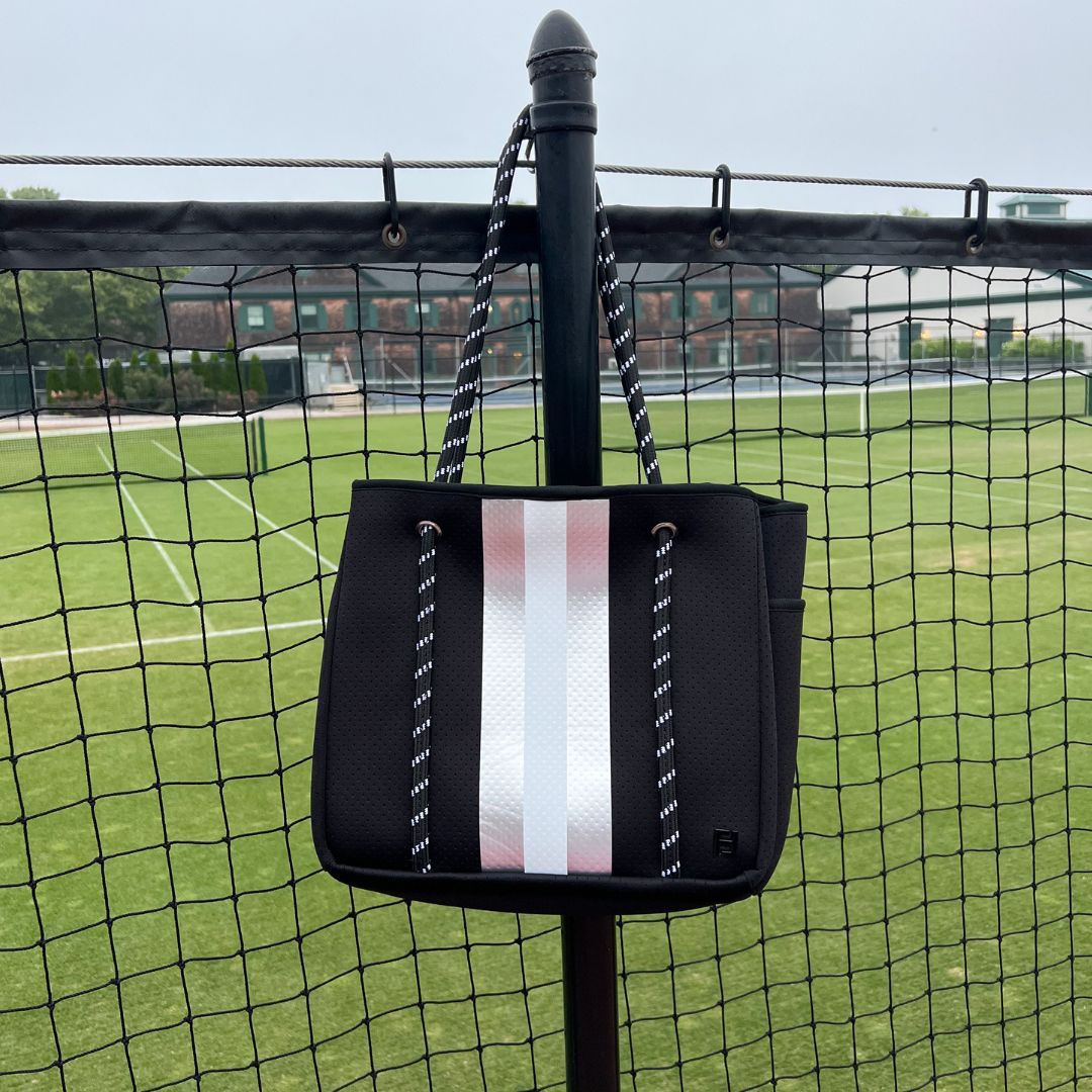 Courtside Large Tote for Tennis, Pickleball and Paddle | Black with Silver and White Stripes