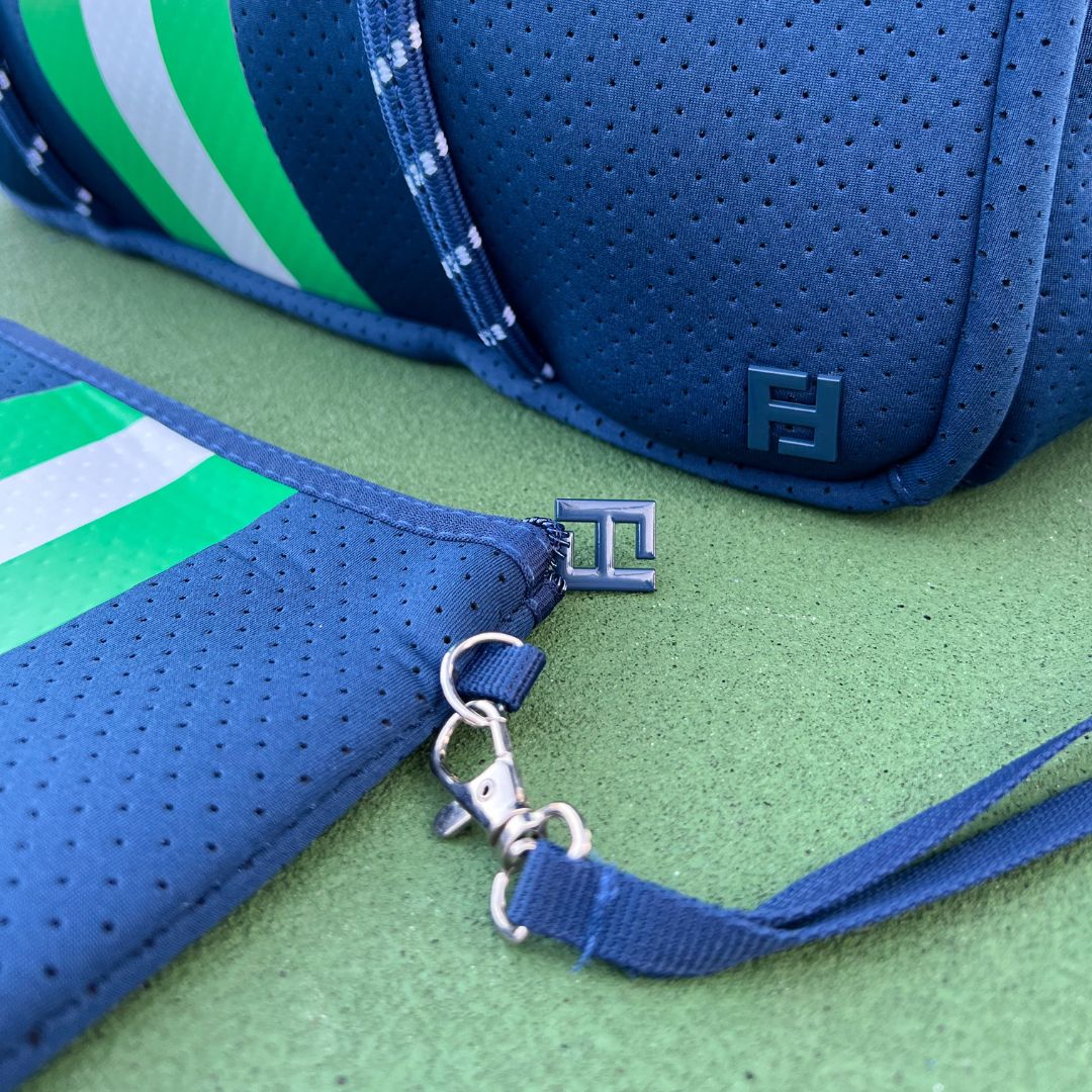 Courtside Small Tote for Tennis, Pickleball and Paddle | Navy With Green and White Stripes