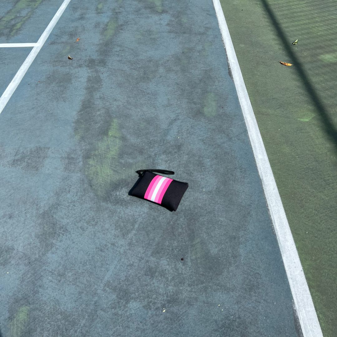 Courtside Small Tote for Tennis, Pickleball and Paddle | Black With Pink and White Stripes