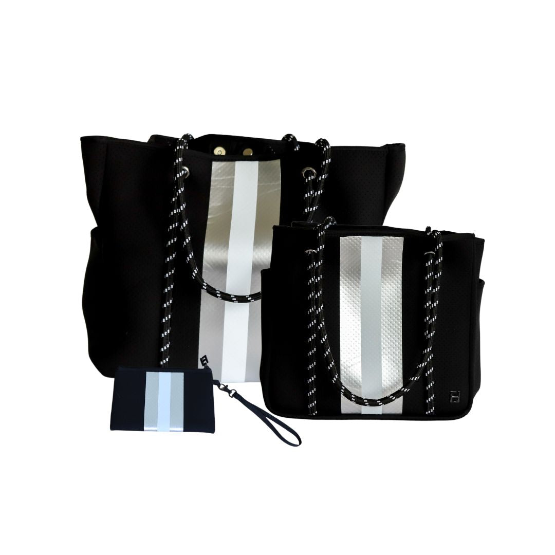 Courtside Small Tote for Tennis, Pickleball and Paddle | Black with Silver and White Stripes