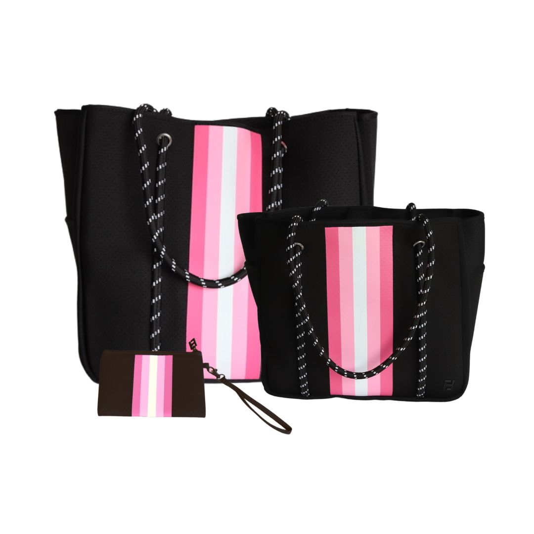 Courtside Small Tote for Tennis, Pickleball and Paddle | Black With Pink and White Stripes