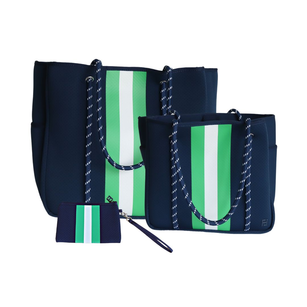 Courtside Small Tote for Tennis, Pickleball and Paddle | Navy With Green and White Stripes