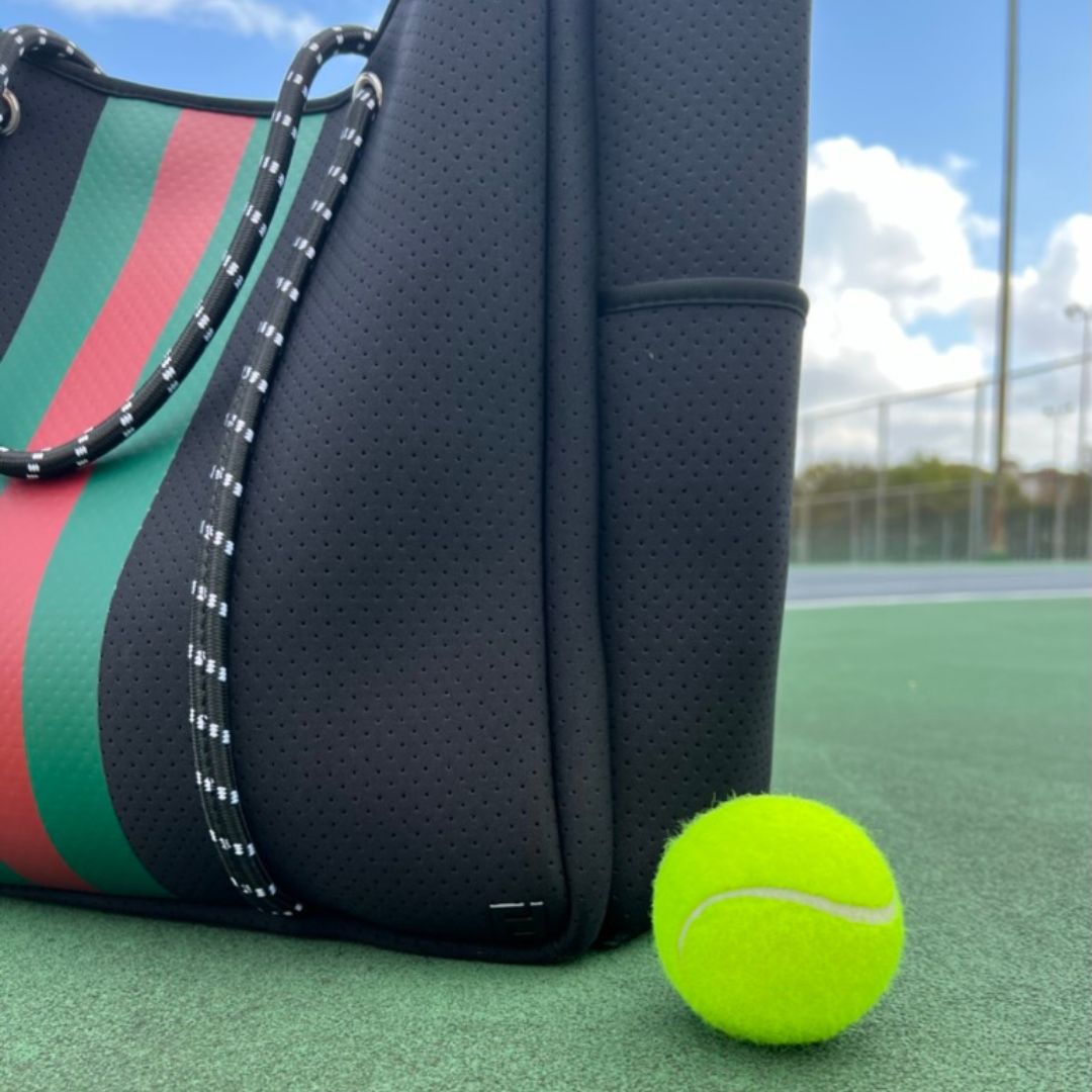 Courtside Large Tote for Tennis, Pickleball and Paddle | Black with Red and Green Stripes