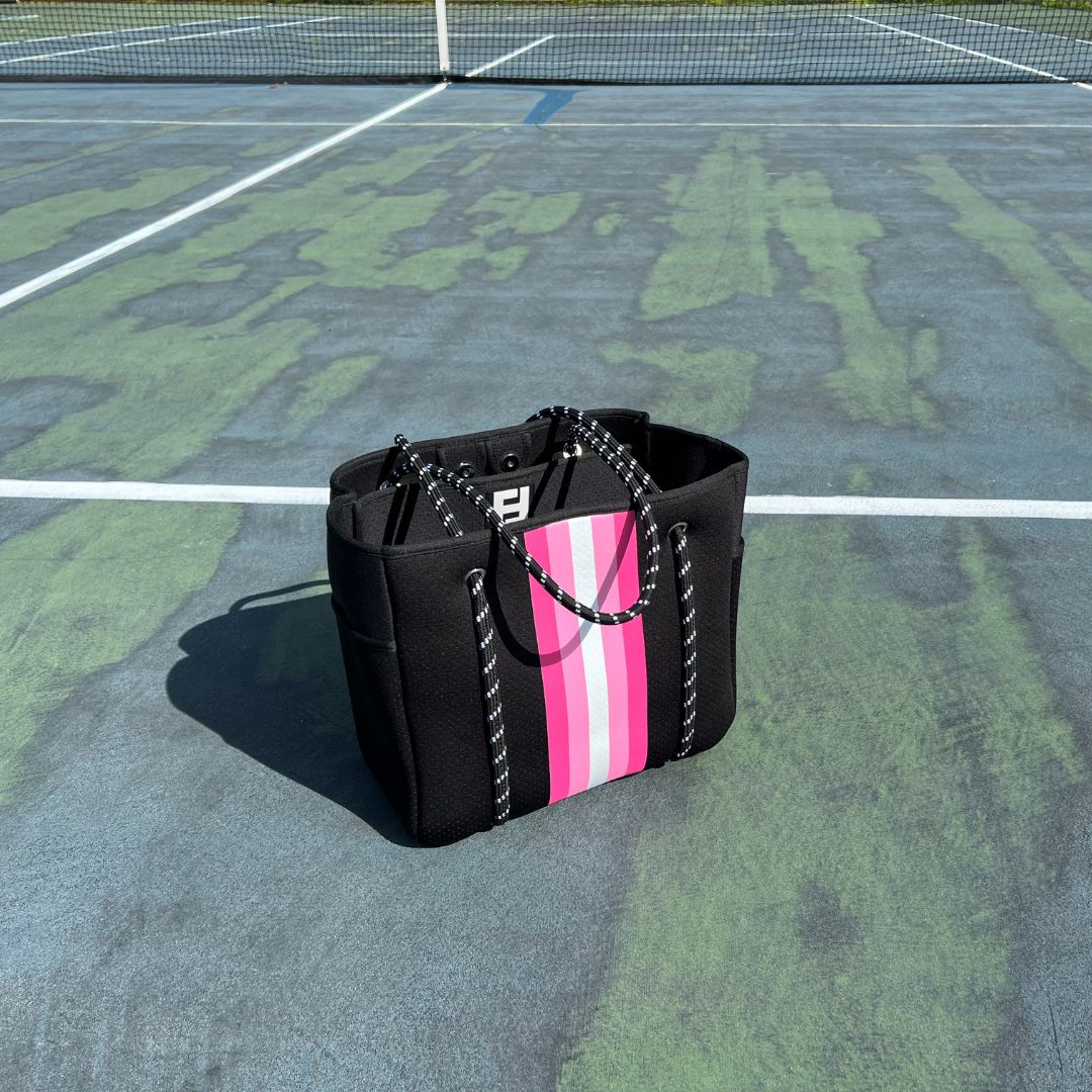 Courtside Large Tote for Tennis, Pickleball and Paddle | Black With Pink and White Stripes