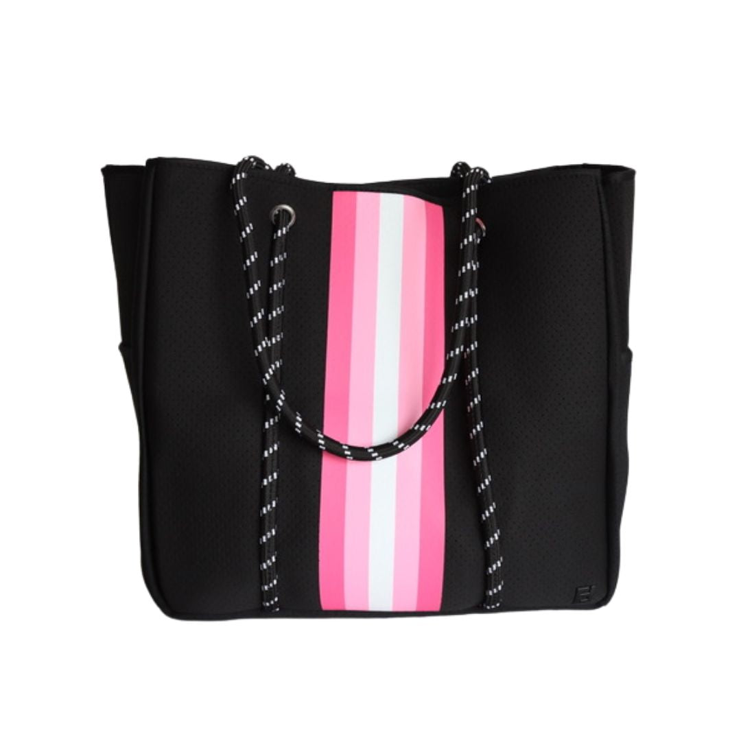 Courtside Large Tote for Tennis, Pickleball and Paddle | Black With Pink and White Stripes