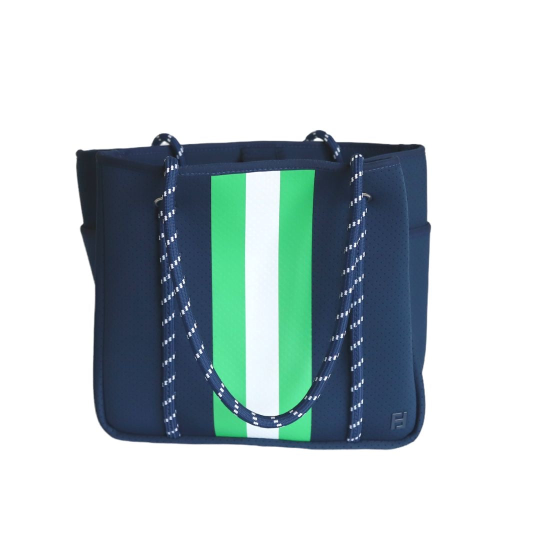 Courtside Small Tote for Tennis, Pickleball and Paddle | Navy With Green and White Stripes