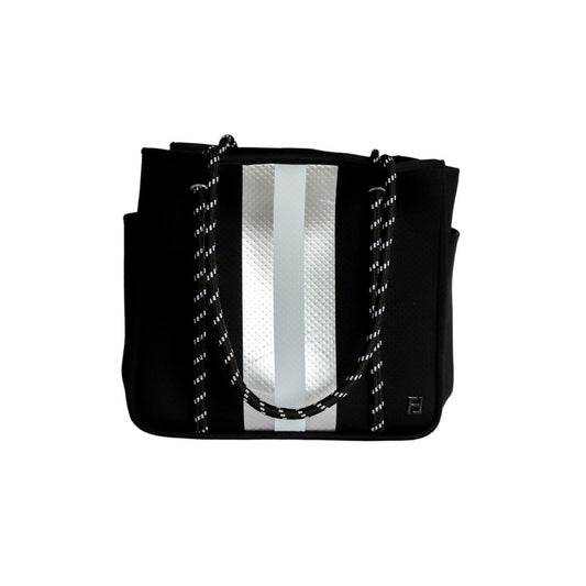 Courtside Small Tote for Tennis, Pickleball and Paddle | Black with Silver and White Stripes