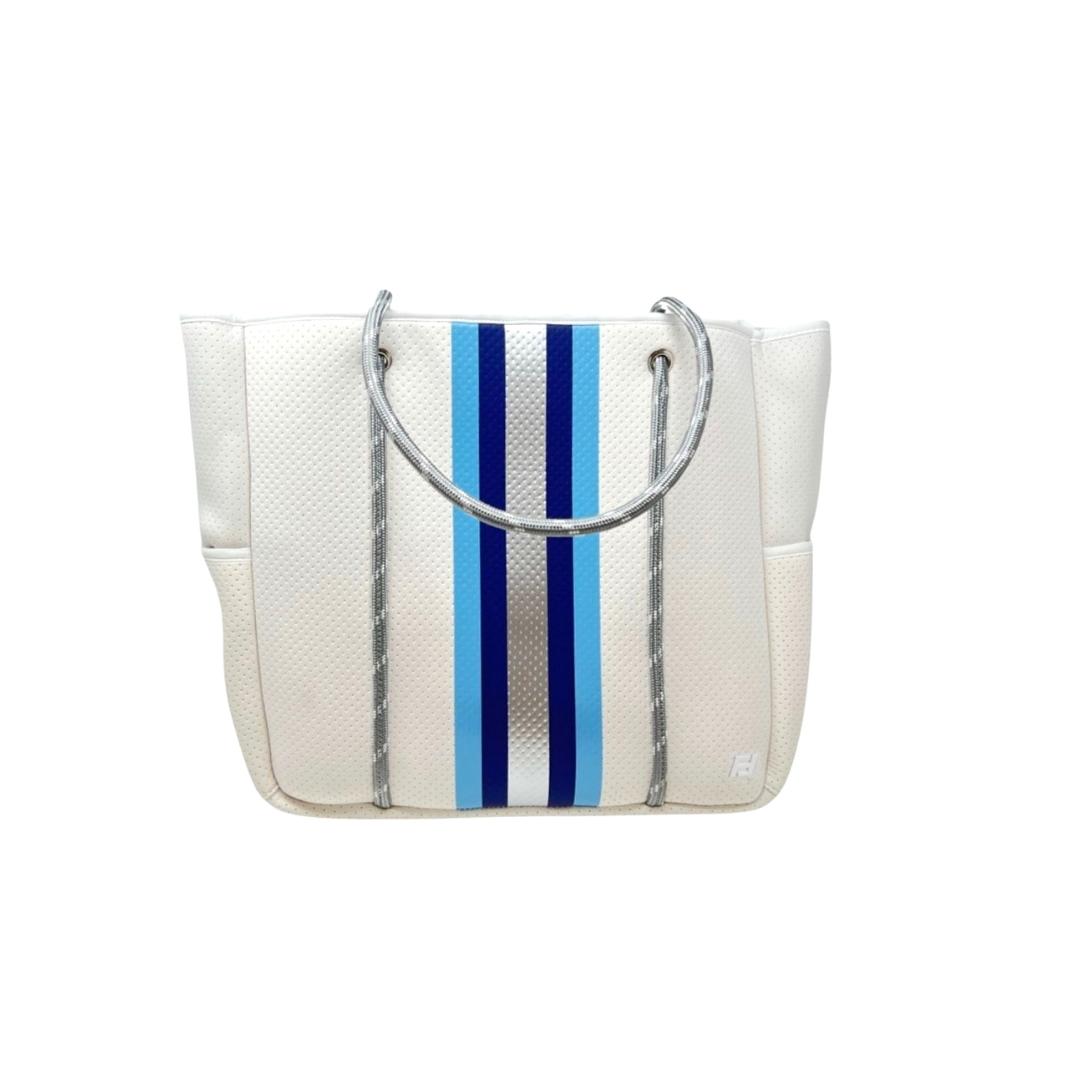 Courtside Small Tote for Tennis, Pickleball and Paddle | White With Blue and White Stripes