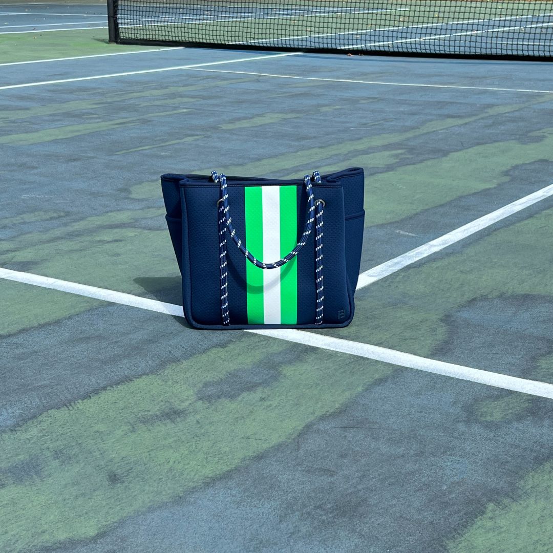 Courtside Large Tote for Tennis, Pickleball and Paddle | Navy with Green and White Stripes