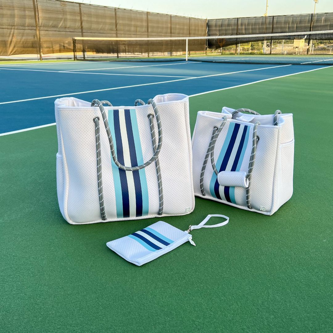 Courtside Small Tote for Tennis, Pickleball and Paddle | White With Blue and White Stripes