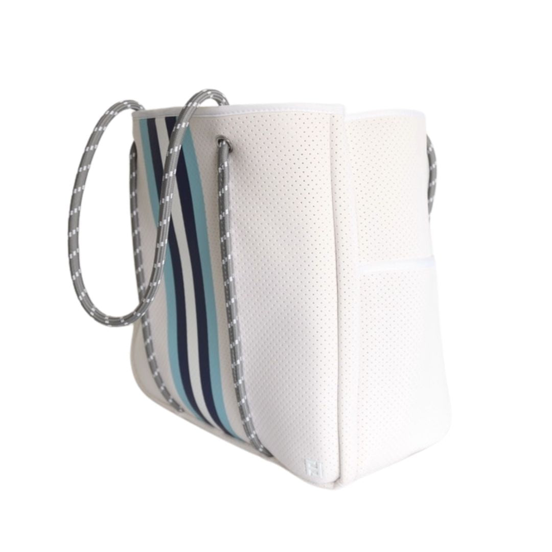 Courtside Small Tote for Tennis, Pickleball and Paddle | White With Blue and White Stripes