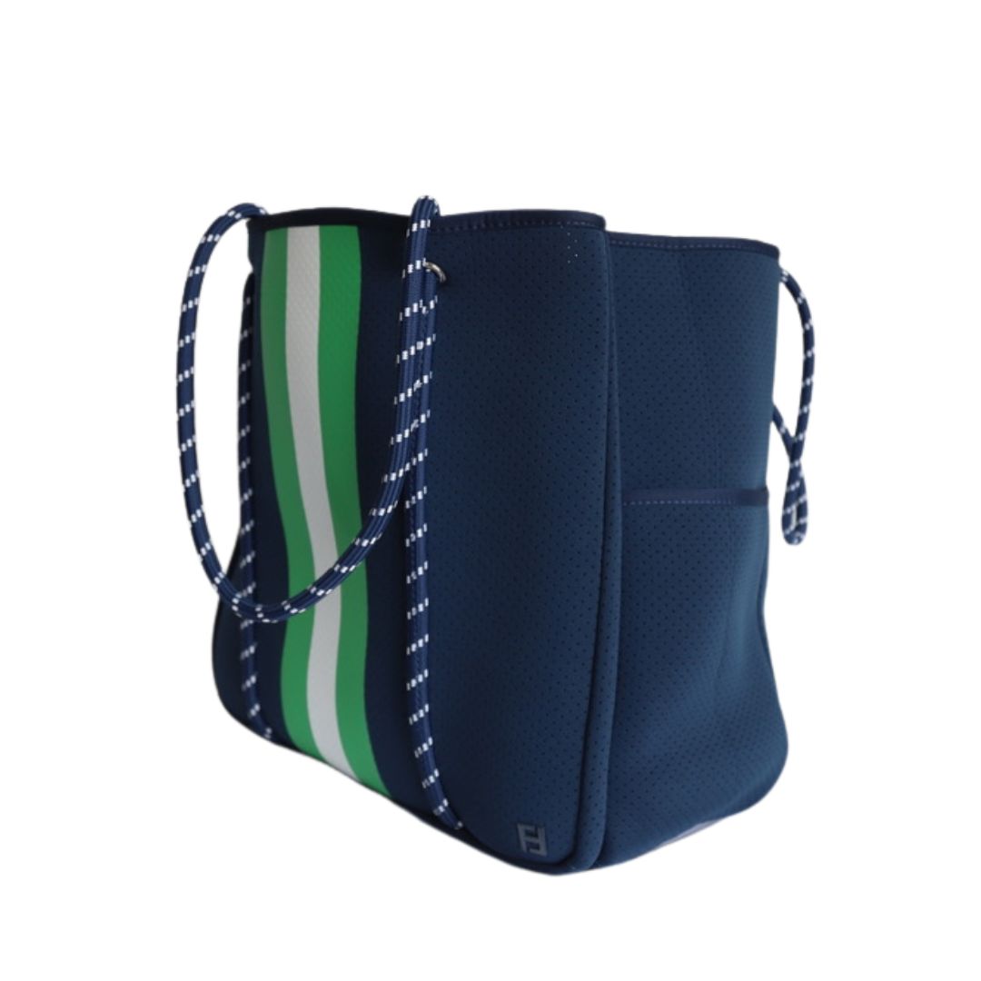 Courtside Small Tote for Tennis, Pickleball and Paddle | Navy With Green and White Stripes