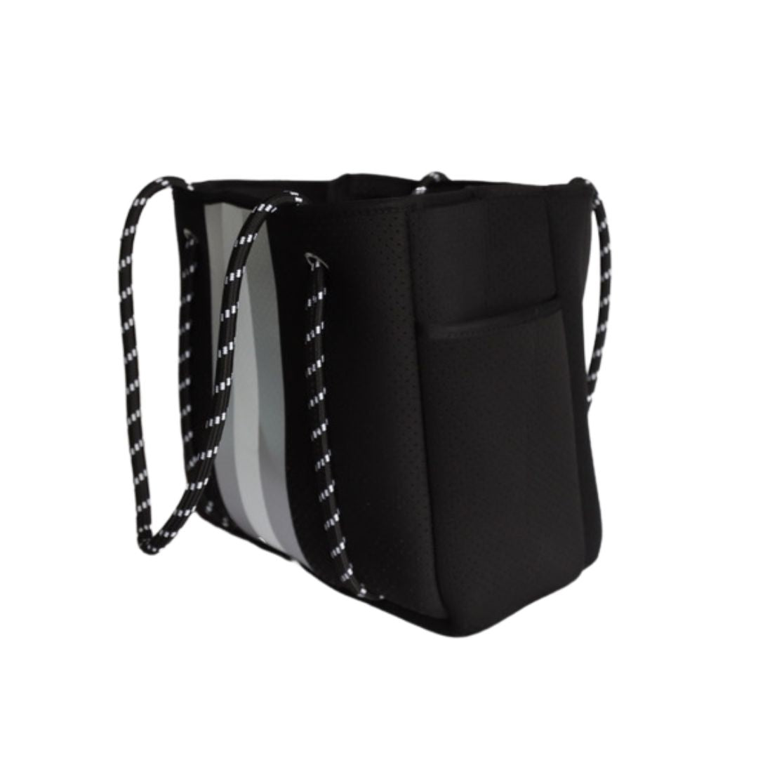 Courtside Small Tote for Tennis, Pickleball and Paddle | Black with Silver and White Stripes