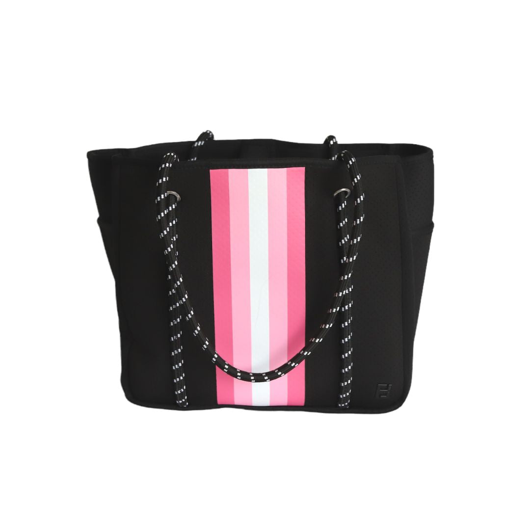 Courtside Small Tote for Tennis, Pickleball and Paddle | Black With Pink and White Stripes