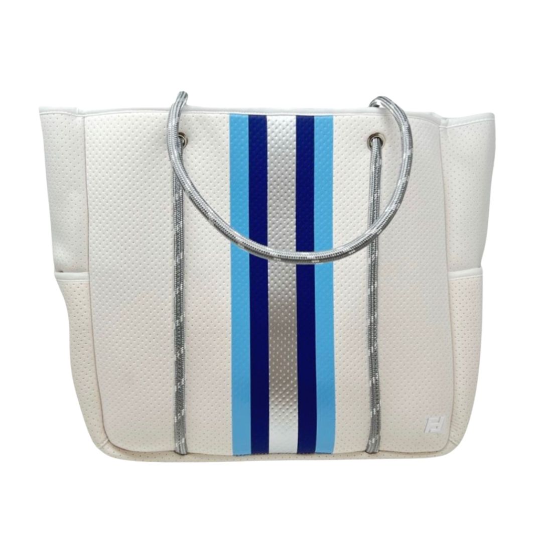 Courtside Large Tote for Tennis, Pickleball and Paddle | White with Blue and White Stripes