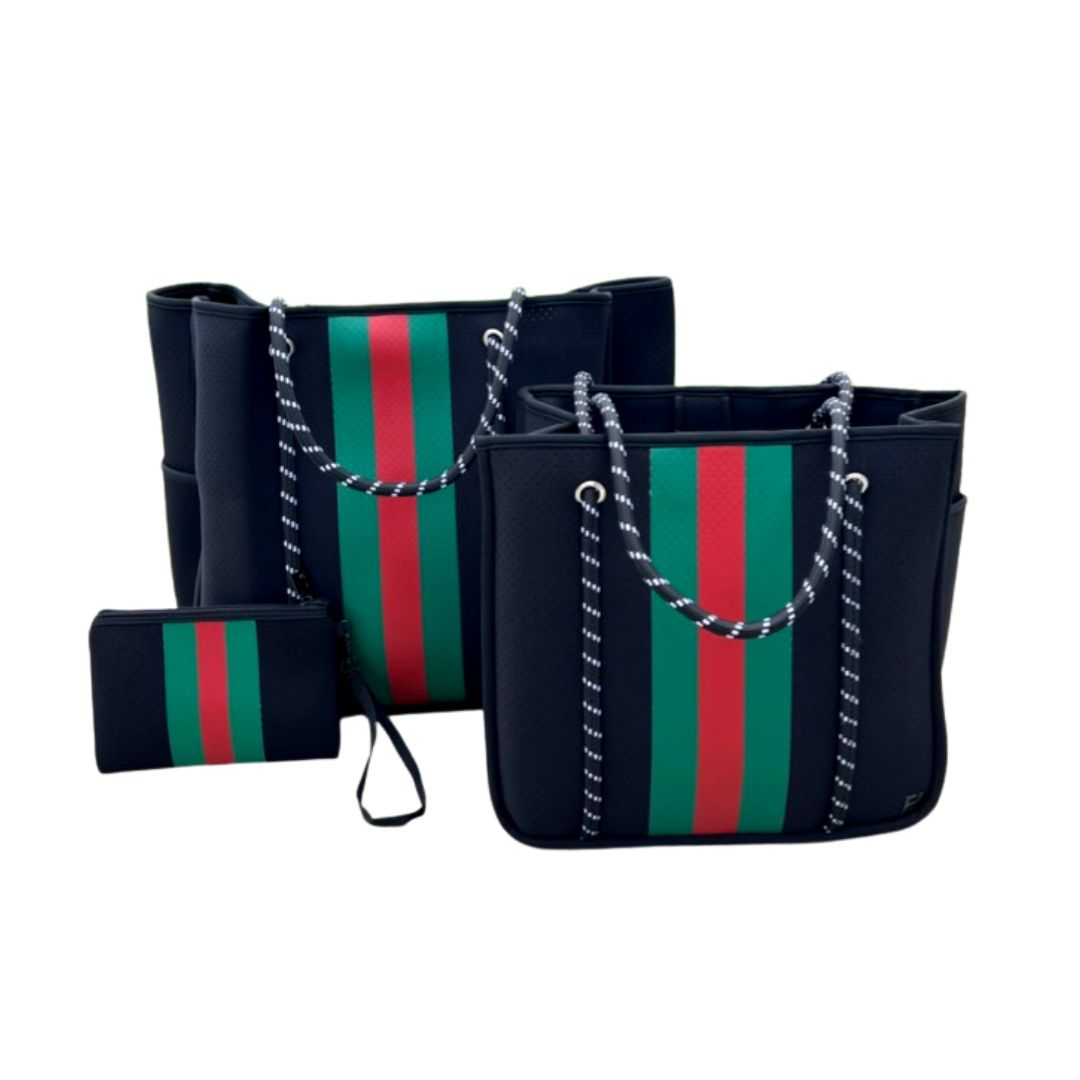 Courtside Small Tote for Tennis, Pickleball and Paddle | Black with Red and Green Stripes
