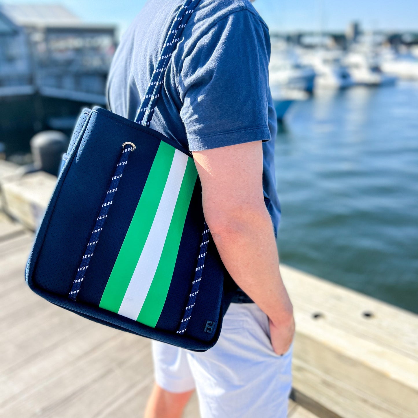 Courtside Small Tote for Tennis, Pickleball and Paddle | Navy With Green and White Stripes
