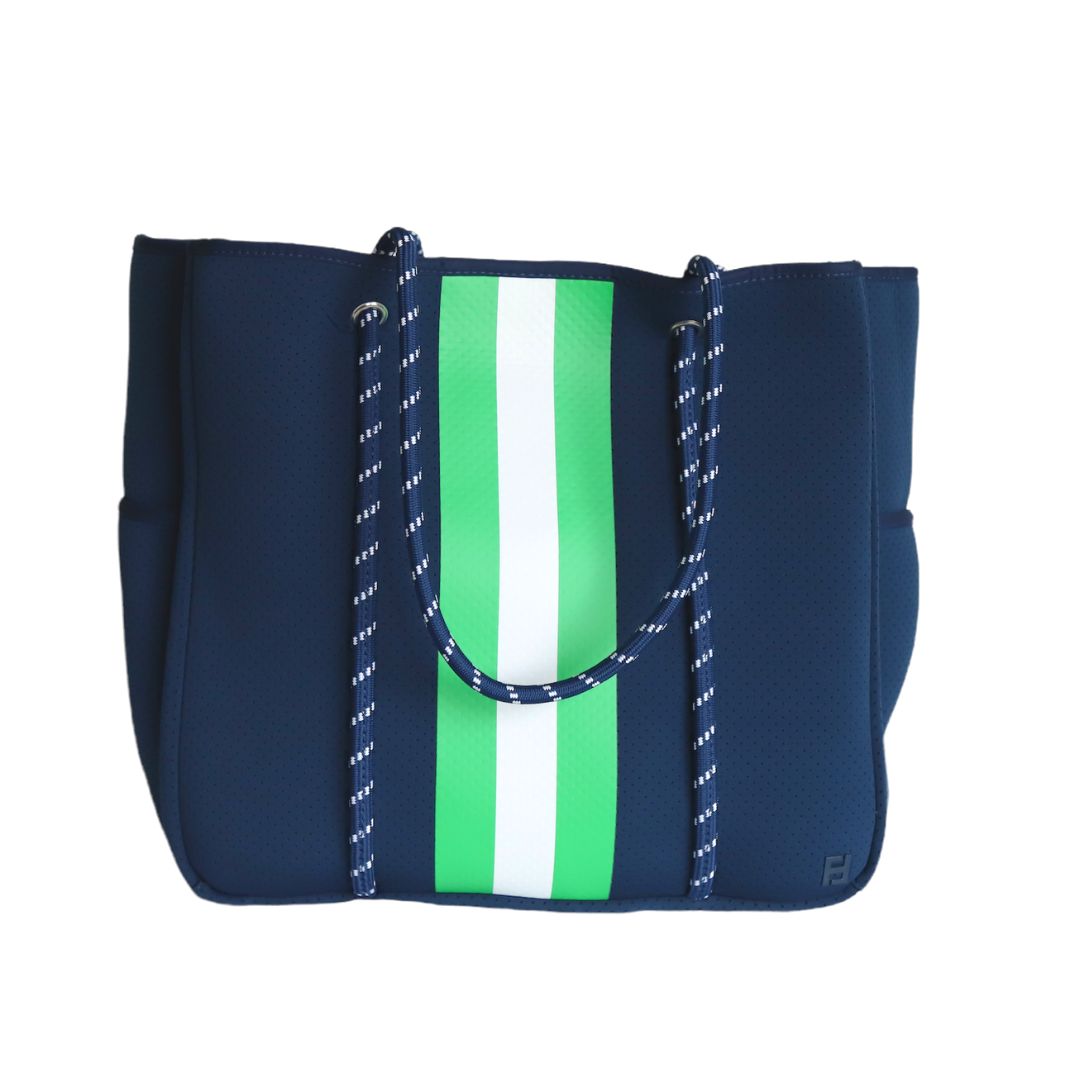 Courtside Large Tote for Tennis, Pickleball and Paddle | Navy with Green and White Stripes